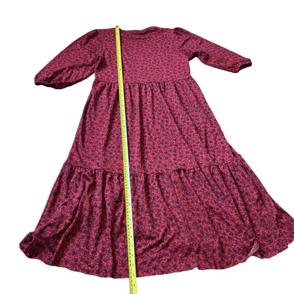 ZARA Red Black Dainty Floral 1/4 Sleeves Tiered Maxi Dress Womens Size Small S - Picture 6 of 6